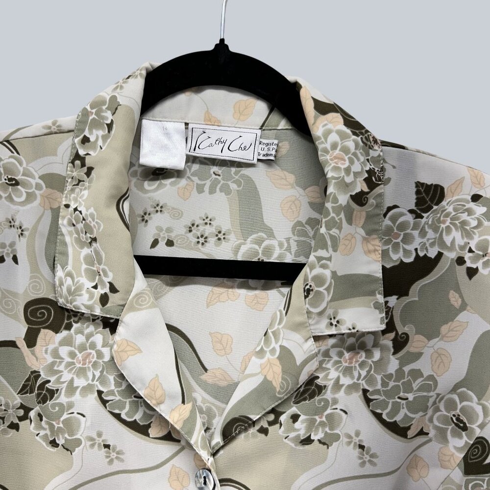 kathy Che Plus Floral Print Blouse 3/4 Sleeve Button-Down Polyester Womens Size - Picture 3 of 10